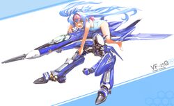  bandana blue_hair commentary_request eyebrows female gerwalk giant giantess green_eyes gun gunpod klan_klein lolicon long_hair maclone macross macross_frontier mecha meltrandi mikhail_buran one-piece_swimsuit pointy_ears riding rifle robot s.m.s. sachito shield solo swimsuit very_long_hair vf-25 vf-25g weapon zentradi 