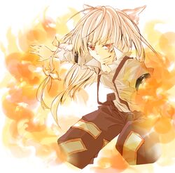  bad_id bad_pixiv_id colored_eyelashes eyelashes female fighting_stance fire fujiwara_no_mokou koura_higure outstretched_arm smile solo suspenders touhou yellow_theme 