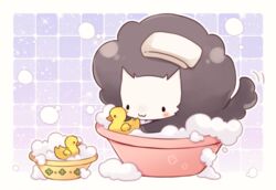  :3 bathing bubble commentary_request no_humans rio_(rio_01) rubber_duck shishiou_no_mofumofu touken_ranbu towel towel_on_head washbowl 