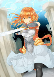  absurdres armor bare_shoulders black_legwear breastplate column commentary_request female gauntlets hair_ornament highres knife komihira long_hair looking_at_viewer open_mouth orange_eyes orange_hair original pillar running solo sword tile_floor tiles weapon 