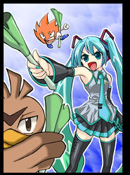  :d aqua_eyes aqua_hair blue_eyes bobobo-bo_bo-bobo brown_eyes close-up commentary_request crossover detached_sleeves don_patch farfetch&#039;d female gloves hatsune_miku highres jigokutencyou long_hair necktie open_mouth pointing pokemon skirt smile spring_onion standing thighhighs twintails v-shaped_eyebrows vocaloid zettai_ryouiki 