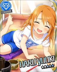  card_(medium) character_name chasen feet female idolmaster idolmaster_cinderella_girls official_art open_mouth orange_hair purple_eyes shirt short_hair shorts smile solo t-shirt yuuki_haru 