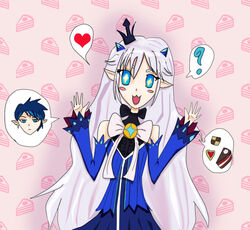  1boy aqua_eyes bad_anatomy cake ciel_(elsword) commentary cookie crown demon_girl demon_horns demon_power_(elsword) dress elsword english_commentary female food horns june183 light_purple_hair long_hair luciela_r._sourcream photoshop_(medium) pink_background self-upload smile solo_focus 