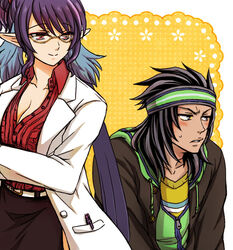  1boy alternate_costume asaki_yukia bad_id bad_pixiv_id black_hair blue_hair blush commentary_request dark_blue_hair female headband hisui_hearts in-franchise_crossover jacket judith_(tales) lab_coat long_hair official_alternate_costume pencil_skirt pointy_ears red_eyes shirt skirt smile tales_of_(series) tales_of_hearts tales_of_vesperia yellow_background yellow_eyes 