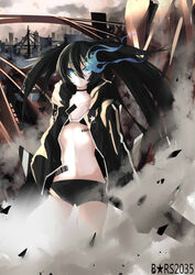  barcode barcode_tattoo black_bra black_hair black_rock_shooter black_rock_shooter_(character) black_rock_shooter_(game) black_shorts black_sweater blue_eyes bra cardigan cloud cloudy_sky collarbone commentary female flaming_eye flat_chest hair_between_eyes highres linea_alba long_hair looking_at_viewer mrnn navel no_shirt open_cardigan open_clothes outdoors short_shorts shorts sky solo star_(symbol) stella_(black_rock_shooter) sweater tattoo twintails underwear uneven_twintails 