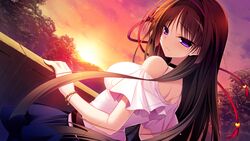  :| bare_shoulders black_hair bracelet breasts closed_mouth female game_cg hairband highres jewelry kuchifusa_yogiri large_breasts long_hair looking_back nanaka_mai pure_girl purple_eyes skirt solo sunset 