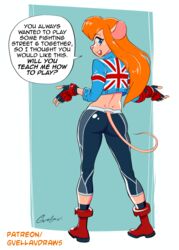  1girls absurd_res anthro anthro_only ass ass_visible_through_thighs bicycle_shorts blue_eyes boots cammy_white capcom chip_&#039;n_dale_rescue_rangers cosplay disney fanart female female_only fingerless_gloves gadget_hackwrench gloves gvellav highres looking_at_viewer looking_back mouse mouse_ears mouse_girl mouse_humanoid mouse_tail muscular_anthro muscular_female red_hair rodent rodent_humanoid solo sportswear street_fighter street_fighter_6 text three_quarter_lengths tight_clothing tight_fit tight_pants 