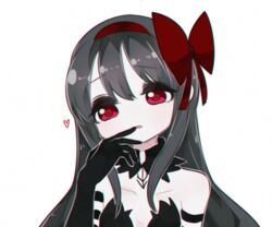  akemi_homura akuma_homura bare_shoulders black_dress black_gloves black_hair bow choker commentary_request dress elbow_gloves fc_(efushii) female finger_to_mouth gloves hairbow heart heart-shaped_pupils long_hair mahou_shoujo_madoka_magica mahou_shoujo_madoka_magica:_hangyaku_no_monogatari purple_eyes simple_background solo symbol-shaped_pupils upper_body white_background 