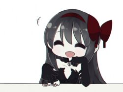  :d ^_^ akemi_homura akuma_homura bare_shoulders black_dress black_gloves black_hair bow choker closed_eyes commentary_request dress elbow_gloves fc_(efushii) female giant giantess gloves hairbow kyuubee long_hair mahou_shoujo_madoka_magica mahou_shoujo_madoka_magica:_hangyaku_no_monogatari open_mouth purple_eyes simple_background smile white_background 