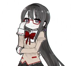  adjusting_eyewear akemi_homura black_hair black_hairband bow commentary_request earrings fc_(efushii) female glasses hairband jewelry long_hair looking_at_viewer mahou_shoujo_madoka_magica mahou_shoujo_madoka_magica:_hangyaku_no_monogatari mitakihara_school_uniform purple_eyes red-framed_eyewear school_uniform semi-rimless_eyewear simple_background single_earring skirt smile solo under-rim_eyewear white_background 