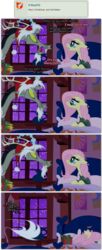  2015 absurd_res awake bed blue_eyes chimera christmas christmas_clothing christmas_headwear clothing deviantart discord_(mlp) draconequus duo english_text equid equine fangs female fluttershy_(mlp) friendship_is_magic furniture gift grievousfan hair hasbro hat headgear headwear hi_res holidays horse lying male mammal my_little_pony pajamas pillow pink_hair pony red_eyes santa_hat star teeth text tired window 