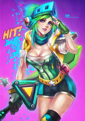  absurdres alternate_costume arcade_riven asymmetrical_gloves belt_buckle breasts buckle cleavage commentary completion_time eyelashes female fingerless_gloves gloves green_hair headphones highres knee_pads league_of_legends lipstick makeup medium_breasts mismatched_gloves monori_rogue nose photoshop_(medium) pixelated purple_eyes reverse_grip riven_(league_of_legends) scarf short_hair shorts solo star_(symbol) sword visor_(armor) weapon zipper 