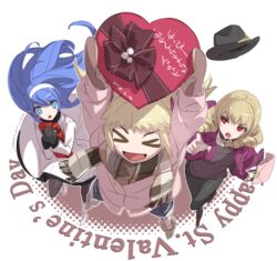  &gt;_&lt; 2018 3girls :d blonde_hair blue_eyes blue_hair boots candy chocolate closed_eyes coat dated erika_wagner food happy_valentine hat heart heart-shaped_chocolate highres incoming_gift mika_returna multiple_girls official_art open_mouth orie_ballardiae_harada red_eyes scarf short_twintails smile twintails under_night_in-birth under_night_in-birth_exe:late[st] valentine winter_clothes xd yoshihara_seiichi 