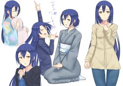  aged_up ata_(egalite) blue_hair blush closed_eyes commentary_request female hair_between_eyes hair_bun japanese_clothes kimono long_hair looking_at_viewer love_live! love_live!_school_idol_project microphone multiple_persona open_mouth seiza simple_background single_hair_bun sitting smile sonoda_umi white_background yellow_eyes 