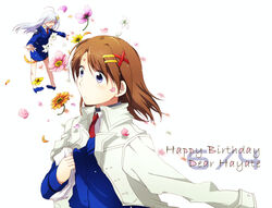  2girls ascot bad_link blue_eyes blue_hair brown_hair character_name closed_eyes coat dated flower flying hair_ornament hairclip happy_birthday high_heels jacket long_hair lyrical_nanoha mahou_senki_lyrical_nanoha_force military military_uniform mini_person minigirl miniskirt multiple_girls necktie open_mouth overcoat pencil_skirt reinforce_zwei shoes short_hair skirt smile standing takana_(nanao) tsab_naval_military_uniform uniform x_hair_ornament yagami_hayate 