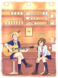  2girls :d acoustic_guitar asymmetrical_bangs black_legwear blazer blonde_hair blue_legwear blue_skirt bowl breasts brown_footwear brown_hair cafe chopsticks closed_eyes closed_mouth collared_shirt commentary_request crossed_legs cup earrings echizen_murasaki english_text full_body glass guitar hair_between_eyes head_tilt highres indoors instrument jacket jewelry kneehighs leaning_forward loafers medium_breasts mug multiple_girls music napkin necktie open_mouth own_hands_together playing_instrument pleated_skirt red_necktie sarada_doraivu school_uniform seto_ferb shirt shoes short_hair sign sitting skirt smile socks stool teapot tokyo_7th_sisters white_shirt wing_collar 