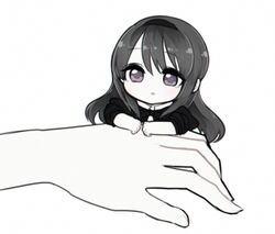  akemi_homura akemi_homura_(black_dress) black_hair black_hairband chibi commentary_request dress fc_(efushii) female funeral_dress hairband hands long_hair looking_at_viewer mahou_shoujo_madoka_magica mahou_shoujo_madoka_magica:_hangyaku_no_monogatari mini_person minigirl purple_eyes simple_background white_background 