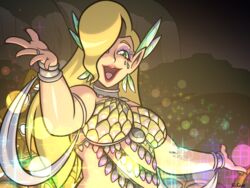  blonde_hair commentary_request female glowing great_fairy_(zelda) great_fairy_cotera green_eyes hair_over_one_eye lipstick looking_at_viewer makeup open_mouth plump pointy_ears red_lips robert_j_case smile solo sparkle the_legend_of_zelda the_legend_of_zelda:_breath_of_the_wild upper_body 