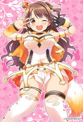  arms_up black_gloves blush breasts brown_eyes brown_hair circle_name commentary_request crown dekosuke detached_sleeves female gloves idolmaster idolmaster_cinderella_girls leaf leaf_background long_hair looking_at_viewer medium_breasts mini_crown one_eye_closed one_side_up open_mouth party_time_gold_(idolmaster) shimamura_uzuki short_shorts shorts single_glove single_sleeve smile solo star_(symbol) tareme teeth thighhighs torn_clothes torn_thighhighs wavy_hair white_thighhighs 