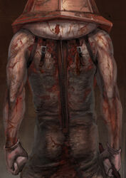  1boy blood commentary_request gloves hat helmet katekari_yuusuke male_focus monster muscular muscular_male pale_skin photoshop_(medium) pyramid_head silent_hill_(series) silent_hill_2 solo weapon 