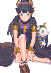  anklet black_dress black_hair blue_eyes blurry commentary_request depth_of_field dress egyptian eyeshadow female hair_tubes hairband highres jewelry jyon lion long_hair looking_at_viewer makeup necklace nephthys_(p&amp;d) no_socks ponytail puffy_short_sleeves puffy_sleeves putting_on_shoes puzzle_&amp;_dragons shoes short_sleeves solo sphinx_(p&amp;d) 