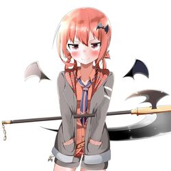  &gt;:) bad_id bad_twitter_id bat_hair_ornament belt blush buttons collarbone collared_shirt commentary cowboy_shot demon_wings dot_nose female flag_print gabriel_dropout grey_jacket grey_shorts hair_ornament hair_rings hands_in_pockets holding holding_weapon jacket jitome jpeg_artifacts long_hair long_sleeves looking_at_viewer multicolored_clothes multicolored_shorts natsuyoshi_(natsun) necktie plaid pocket print_necktie purple_eyes red_hair red_shirt red_shorts sanpaku satanichia_kurumizawa_mcdowell scythe shiny_clothes shiny_skin shirt shorts simple_background smile solo thigh_gap union_jack v-shaped_eyebrows weapon white_background wings 