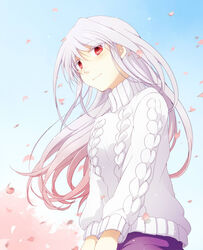  bad_link cherry_blossoms female long_hair looking_at_viewer lyrical_nanoha mahou_shoujo_lyrical_nanoha mahou_shoujo_lyrical_nanoha_a&#039;s red_eyes reinforce skirt sky smile solo standing sweater takana_(nanao) turtleneck white_hair wind 