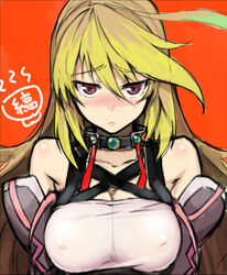  bare_shoulders blush breasts cleavage commentary_request covered_nipples female green_hair large_breasts long_hair looking_at_viewer milla_maxwell multicolored_hair photoshop_(medium) red_eyes shima_udon solo tales_of_(series) tales_of_xillia upper_body 