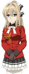  amagi_brilliant_park blank_stare blue_eyes brown_gloves commentary_request company_connection cosplay cp9a female gloves kyoto_animation long_hair look-alike looking_at_viewer photoshop_(medium) ponytail sento_isuzu sento_isuzu_(cosplay) skirt solo standing thighhighs uniform violet_evergarden violet_evergarden_(series) white_thighhighs 