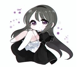  akemi_homura akemi_homura_(black_dress) barefoot black_hair black_hairband bloomers chibi commentary_request dress fc_(efushii) female full_body funeral_dress hairband long_hair looking_at_viewer mahou_shoujo_madoka_magica mahou_shoujo_madoka_magica:_hangyaku_no_monogatari panties purple_eyes simple_background solo underwear white_background white_panties 