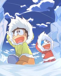  2boys antarctica commentary_request day doraemon doraemon:_nobita_no_nankyoku_kachikochi_dai_boken doraemon_(character) glasses gloves highres hosiimomaru iceberg looking_up multiple_boys nobi_nobita open_mouth sky snowscape sweater 