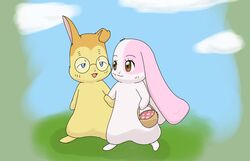  anthro basket blue_eyes brown_eyes cloud container domestic_rabbit duo female fur hand_holding happy_happy_clover improbable_(artist) lagomorph leporid long_ears lop_rabbit male mallow_(happy_happy_clover) mammal orange_body orange_fur oryctolagus picnic_basket pink_body pink_fur pixiv rabbit romantic romantic_couple sayuri_tatsuyama semi-anthro shallot_(happy_happy_clover) simple_background walking yellow_body yellow_fur 