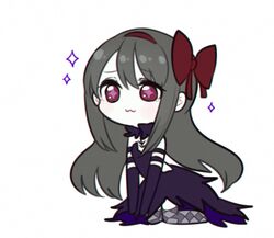  :3 akemi_homura akuma_homura argyle_clothes argyle_legwear bare_shoulders black_dress black_gloves black_hair bow chibi choker commentary_request dress elbow_gloves fc_(efushii) female gloves hairbow long_hair mahou_shoujo_madoka_magica mahou_shoujo_madoka_magica:_hangyaku_no_monogatari purple_eyes simple_background solo sparkle thighhighs white_background 