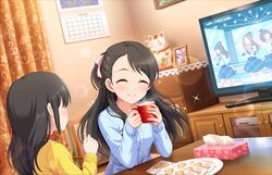  2girls artist_request black_hair closed_eyes cup curtains hair_ribbon holding idolmaster idolmaster_cinderella_girls idolmaster_cinderella_girls_starlight_stage indoors jewelry kurihara_nene long_hair long_sleeves multiple_girls necklace official_art ribbon siblings sisters smile sweater table television tissue_box 