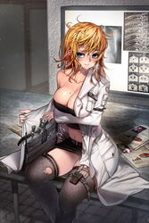  cleavage devil_maker:_tokyo open_shirt rheez stockings thighhighs torn_clothes weapon 