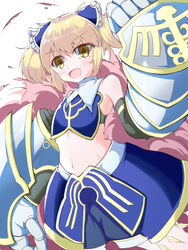  966982 :d blonde_hair blue_bow blue_skirt bow breasts collar commentary_request female flat_chest gauntlets midriff mika_returna navel open_mouth short_twintails skirt smile smoke twintails under_night_in-birth 