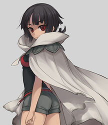  black_hair cape female female higana_(pokemon) looking_back pixiv_manga_sample pokemon pokemon_oras red_eyes shorts solo utsugi_(skydream) 