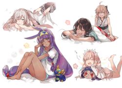  &gt;:) 5girls ;( ;) ? ^_^ ahoge alternate_costume animal_ears bare_arms bare_legs bare_shoulders barefoot beamed_eighth_notes bed_sheet black_hair blanket blonde_hair blue_eyes blue_hair blue_panties blush charles-henri_sanson_(fate) closed_eyes closed_mouth commentary_request cu_chulainn_(fate) dark-skinned_female dark_skin disembodied_hand dress drooling eighth_note facial_mark fang_out fate/grand_order fate_(series) frown gradient_hair grey_hair hairband hand_on_own_leg hands_on_own_cheeks hands_on_own_face highres holding japanese_clothes kimono knees_up legs_up long_hair long_sleeves low-tied_long_hair lying marie_antoinette_(fate) medb_(fate) mini_cu-chan_(fate) multicolored_hair multiple_girls musical_note nitocris_(fate) no_headwear oda_nobunaga_(fate) oda_nobunaga_(koha-ace) oerba_yun_fang off-shoulder_dress off-shoulder_sweater off_shoulder okita_souji_(fate) okita_souji_(koha-ace) on_stomach one_eye_closed open_mouth panties pink_hair purple_eyes purple_hair red_eyes shirt short_sleeves sidelocks simple_background sitting sleeping sleepy sleeveless sleeveless_kimono smile smug speech_bubble sphinx_awlad spoken_question_mark spoken_zzz striped_clothes striped_panties sweater sweater_dress translated twintails two-tone_hairband under_covers underwear v-shaped_eyebrows very_long_hair waking_up waltz_(tram) wavy_mouth white_background white_dress white_hairband white_kimono white_shirt white_sweater wiping_face yawning zzz 