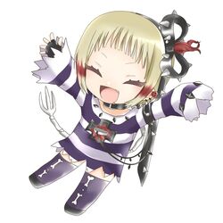  arms_up blonde_hair commentary_request female fingerless_gloves gloves gohan_004 happy mahou_shoujo_ikusei_keikaku mahou_shoujo_ikusei_keikaku_limited oerba_yun_fang shirt short_hair smile solo spikes striped_clothes striped_shirt tot_pop 