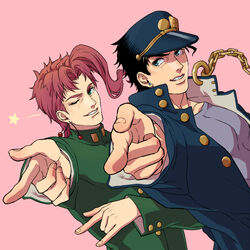  2boys banysun black_hair blue_eyes chains commentary_request gakuran green_eyes hat jojo_no_kimyou_na_bouken jojo_pose kakyoin_noriaki kujo_jotaro kujo_jotaro&#039;s_pose_(jojo) male_focus multiple_boys pink_hair pointing red_hair scar school_uniform standing 