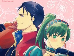  1boy armor blue_eyes blue_hair blush commentary_request dress female fire_emblem fire_emblem:_the_blazing_blade fire_emblem_heroes gloves green_eyes green_hair hector_(fire_emblem) hector_(valentine)_(fire_emblem) high_ponytail highres long_hair lyn_(fire_emblem) lyn_(valentine)_(fire_emblem) nishimura_(shinchinagachi) ponytail protected_link short_hair smile 