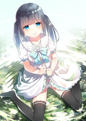  black_hair black_thighhighs blue_bow blue_eyes blunt_bangs blush bow bow_panties clothes_lift collarbone commentary dress dress_lift dutch_angle female lifting_own_clothes long_hair looking_at_viewer no_shoes original panties parted_lips puffy_short_sleeves puffy_sleeves ripples shallow_water short_sleeves sidelocks sitting solo sundress thighhighs twintails underwear wariza water white_dress white_panties xia_xiang_(ozicha) 