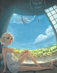  barefoot blonde_hair blue_eyes cloud day dress female fisheye hand_on_own_knee looking_up lowres original short_hair sitting sky solo sundress weno weno&#039;s_blonde_original_character white_dress wind_chime 