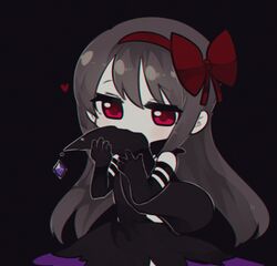  akemi_homura akuma_homura bare_shoulders biting black_background black_dress black_gloves black_hair bow chibi commentary_request dress elbow_gloves fc_(efushii) female gem gloves hairbow heart lizard_tail long_hair mahou_shoujo_madoka_magica mahou_shoujo_madoka_magica:_hangyaku_no_monogatari purple_eyes simple_background solo tail 