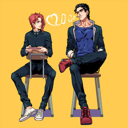  2boys banysun black_hair cigarette commentary_request gakuran handheld_game_console jojo_no_kimyou_na_bouken kakyoin_noriaki kujo_jotaro male_focus multiple_boys no_headwear playstation_portable red_hair school_uniform shoes sitting sitting_backwards sneakers 