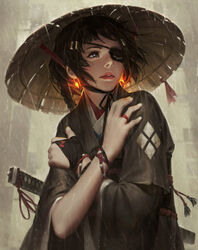  black_eyes black_hair black_kimono black_ribbon bracelet crest crossed_arms earrings english_commentary eyepatch family_crest female finger_ribbon fingernails gloves glowing glowing_earrings grey_eyes guweiz hair_tubes hat highres japanese_clothes jewelry katana kimono lips looking_afar looking_away looking_to_the_side nose original parted_lips photoshop_(medium) rain red_lips red_ribbon ribbon samurai self_hug sheath sheathed short_hair single_glove solo straw_hat sword weapon wide_sleeves yotsuwari-bishi 