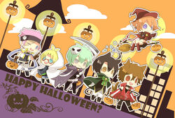  5boys ace_grit ahoge animal_ears bakugan bakugan_new_vestroia baron_leltoy broom cape chibi commentary_request female halloween hat highres kazami_shun kuusou_danma marukura_marucho mira_fermen multiple_boys omatou pumpkin scythe star_(symbol) tail witch_hat 