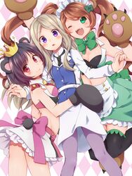  3girls ;d animal_ears animal_hands ass bad_id bad_pixiv_id bear_ears bear_girl bear_paws blush brown_hair crown girl_sandwich gloves green_eyes highres long_hair looking_at_viewer maid_headdress multiple_girls one_eye_closed open_mouth pantyhose paw_gloves paw_shoes purple_eyes sandwiched shoes short_hair smile thighhighs tsubaki_kureha utsunomiya_hetaru yuri_kuma_arashi yurigasaki_lulu yurishiro_ginko zettai_ryouiki 