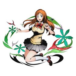  ayame_(bleach) baigon_(bleach) black_eyes bleach bow bowtie breasts brown_hair brown_sweater_vest divine_gate emblem female floating_hair full_body grey_skirt hinagiku_(bleach) inoue_orihime kneehighs large_breasts lily_(bleach) long_hair official_art open_mouth pleated_skirt red_bow red_bowtie school_emblem school_uniform shadow short_sleeves shun&#039;oh_(bleach) shun_shun_rikka skirt socks solo sweater_vest transparent_background tsubaki_(bleach) ucmm white_socks 