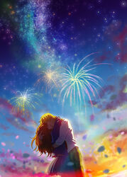  1boy bad_id bad_pixiv_id blonde_hair brown_hair couple fate/extra fate/extra_ccc fate/zero fate_(series) female fireworks gilgamesh_(fate) goenitzchild hair_slicked_back highres jewelry kishinami_hakuno_(female) kissing long_hair necklace official_alternate_costume outdoors photoshop_(medium) red_eyes school_uniform snake_print straight tsukumihara_academy_uniform_(fate/extra_ccc) 